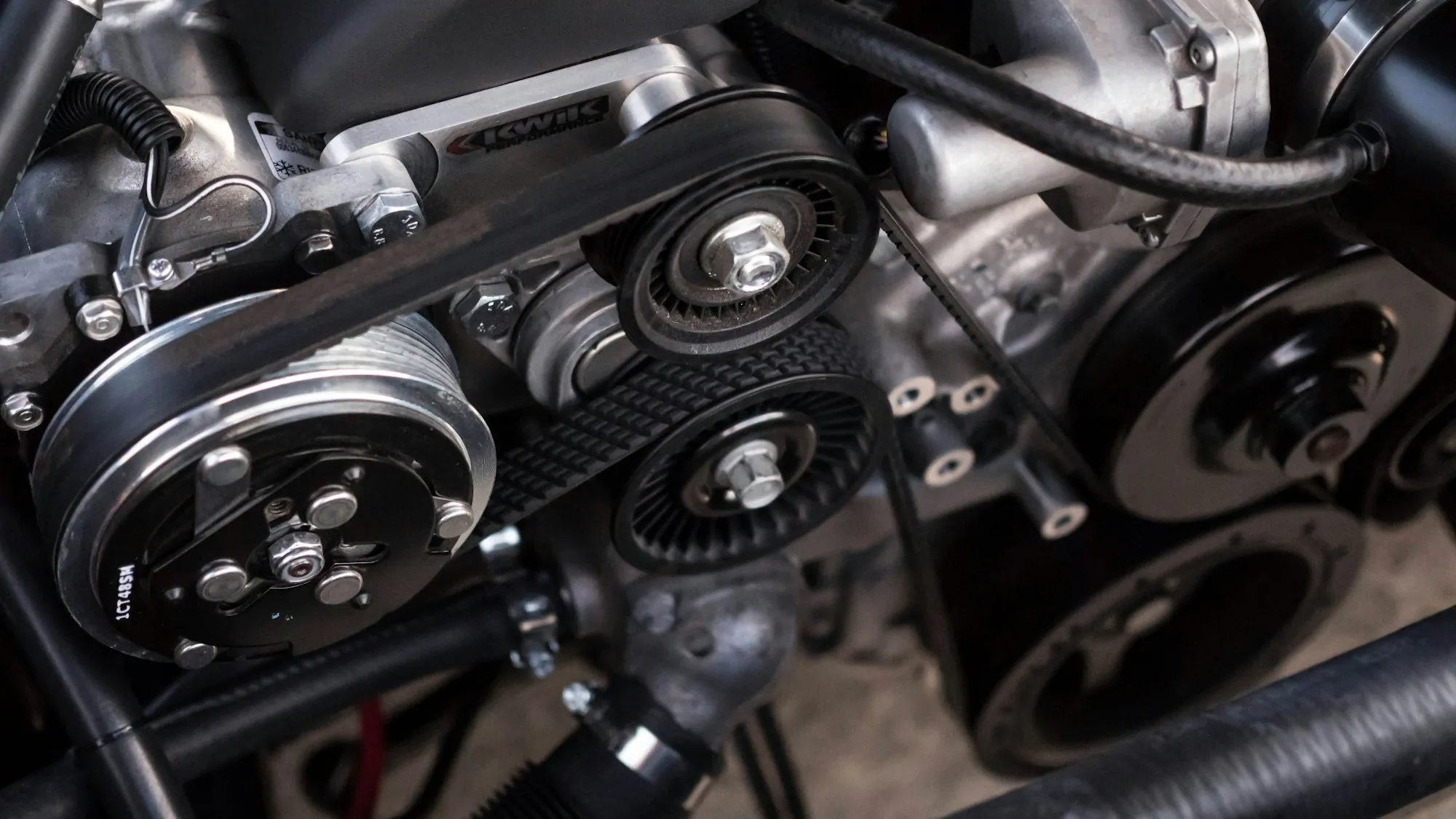 Engine belts and pulleys in close detail